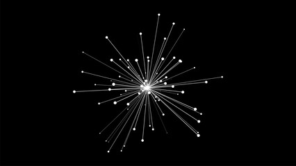 Obraz premium Minimalist white radial line art with dots on black, abstract geometric explosion design for modern poster.
