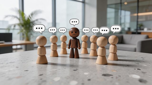 Wooden figure with sad expression surrounded by group in office speech bubbles indicating communication issues teamwork challenges leadership stress corporate conflict workplace