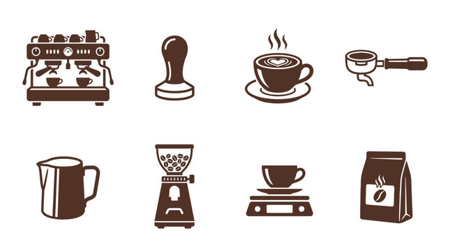 Brown coffee maker machine icons set.