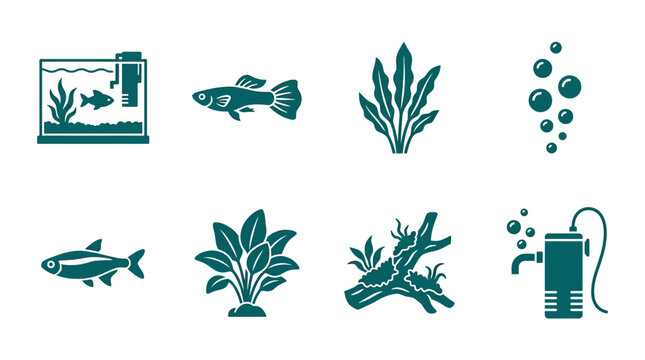 Aquatic plants and fish icons set.