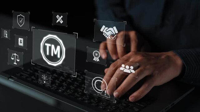 Trademark protection and legal compliance with TM icon, copyright law, patent check, intellectual property rights, and branding regulation enforcement Marrow