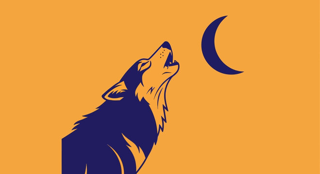 Wolf howling at crescent moon.