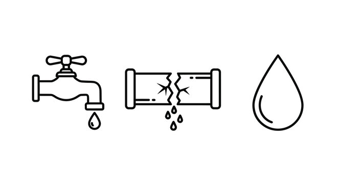 Water tap broken pipe and droplet icons line art