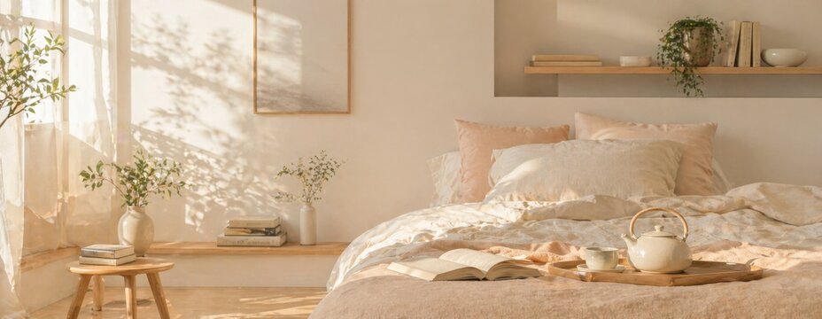 Bedroom interior features a cozy unmade bed with a tea set and an open book resting on the sheets.