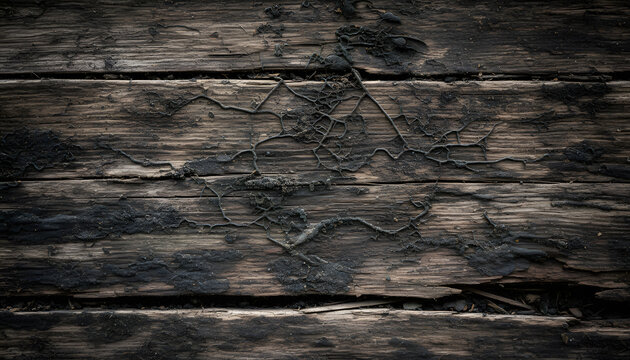 Dark Weathered Wood Texture with Charred Burnt Surface and Cracked Peeling Paint on Old Wooden Planks