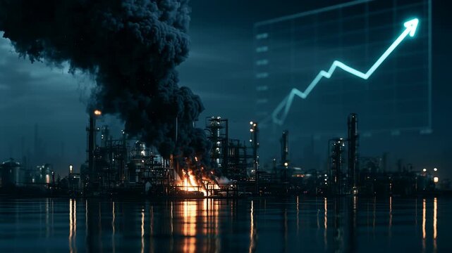 Oil refinery experiencing a destructive fire, generating immense black smoke and correlating to a projected rising stock market chart, reflecting global energy crisis and economic impact