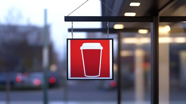 A square sign features a simple white coffee cup icon displayed on a bold red background