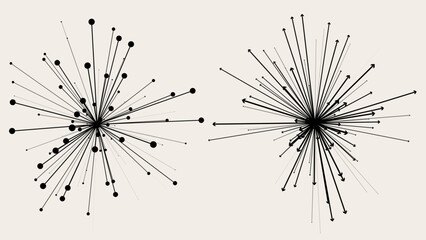 Fototapeta premium Minimalist black radial arrows and dotted lines on beige, abstract geometric starburst for modern design.