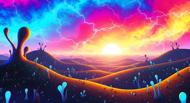 Surreal alien desert under a vibrant lightning storm sky. Extraterrestrial life and cosmic phenomena. Glowing blue plants growing on dark dunes during a neon sunrise.