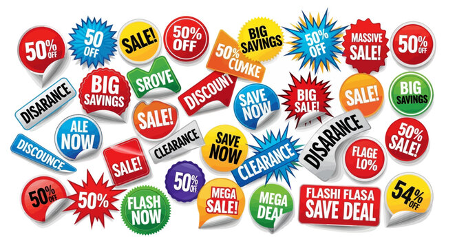 Colorful Sale Stickers and Labels, Big Savings, Discounts, Clearance, Flash Sale