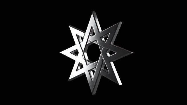 A high-quality 3D animation of a metallic silver eight-pointed star (octagram) rotating 360 degrees. Isolated on a black background, this geometric symbol is ideal for mystical designs, religious them