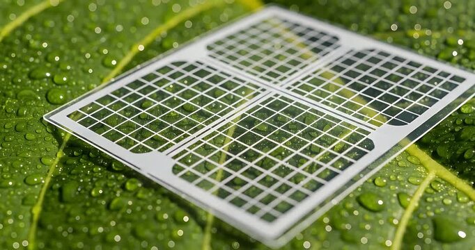 Small transparent solar cell resting on a vibrant green leaf covered with water droplets, symbolizing sustainable energy and nature.