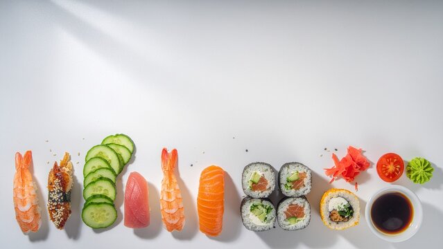 Assorted sushi pieces and ingredients arranged in creative flat lay with empty space for text.
