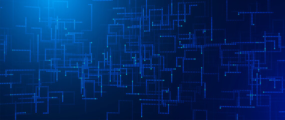 Obraz premium Digital Tech Background. Blue Glowing Pixel Circuit Dot Pattern. Data Lines for Tech Innovation, Science Research, AI Artificial Intelligence and Big Data Presentation. Vector Illustration