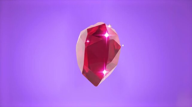 A magical 3D animation showcasing a bright crimson crystal or crystalized ruby shard floating seamlessly over a soft violet studio gradient backdrop with twinkling star sparkles. Perfect for fantasy v
