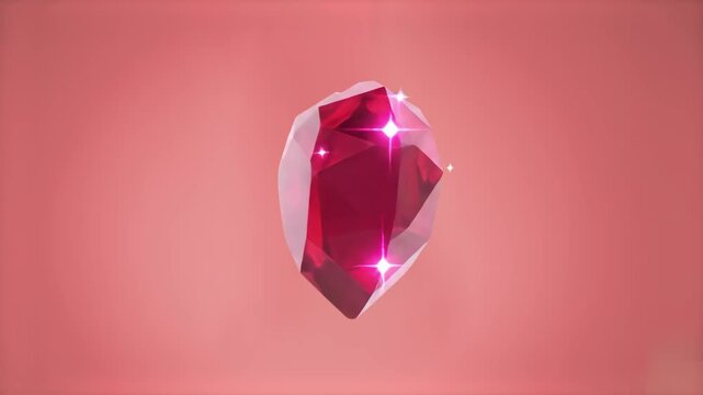 A stunning 3D render of a raw faceted ruby gemstone crystal floating and sparkling with bright lens flares against a soft pink gradient background. Ideal for luxury jewelry branding, mobile game rewar