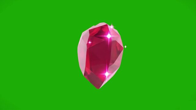 A vibrant heart-shaped pink ruby with sparkling light effects, isolated on a chroma key green screen for easy compositing. Perfect for romantic video overlays, wedding motion graphics, or collectible 