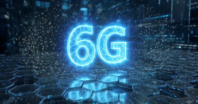A vibrant blue glowing 6G symbol stands prominently in a futuristic digital landscape with hexagonal patterns and sparkling light effects, representing next-generation wireless technology.