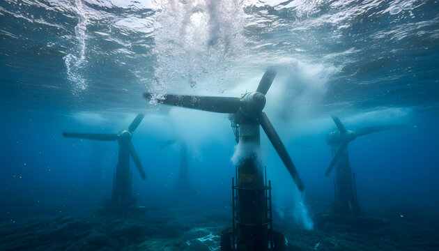 Underwater Tidal Energy Turbines Generating Renewable Power in Ocean Environment