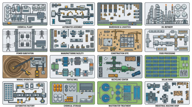 Industrial plant schematics and diagrams for manufacturing processes.