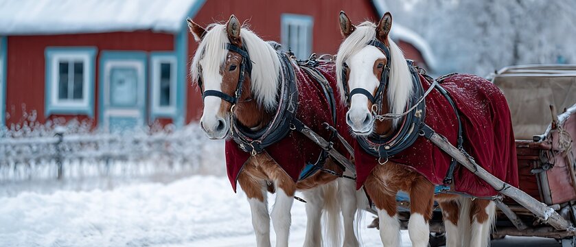 Pair of heavy draft horses in harness pulling a sleigh through a snowy village