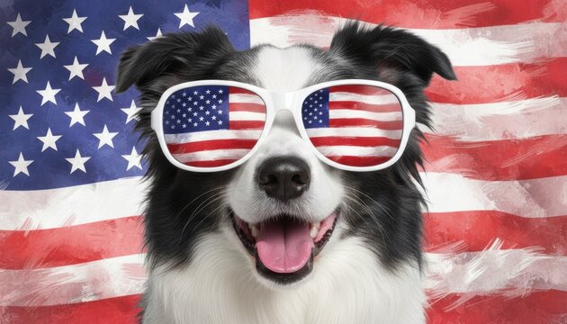 Patriotic border collie dog wearing American flag sunglasses, happy pet celebrating 4th of July, Fourth of July dog portrait with USA flag background