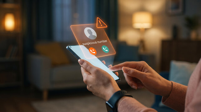 woman holds smartphone displaying holographic suspicious number alert with accept decline buttons, mobile security, scam detection, spam call warning, caller ID protection, cyber fraud, phishing atta