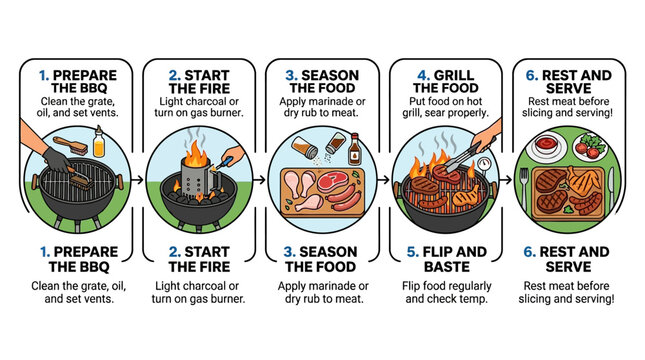 An informative infographic showing a six step sequence for how to properly grill meat for a perfect outdoor barbecue meal