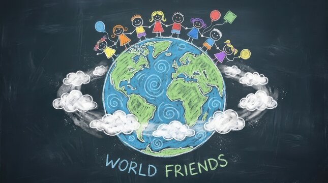 Chalk drawing of happy children holding hands around planet earth floating with clouds on blackboard.