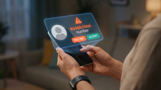 woman holds smartphone displaying holographic suspicious number alert with accept decline buttons, mobile security, scam detection, spam call warning, caller ID protection, cyber fraud, phishing atta