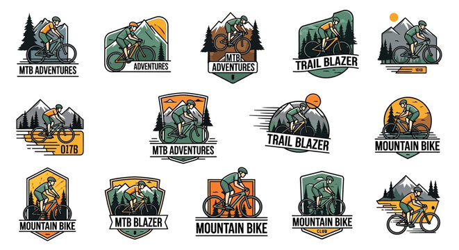 Collection of mountain bike logos and badges with illustrations.
