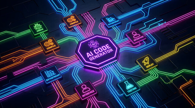AI Code Generator with interconnected icons representing different functions and technologies