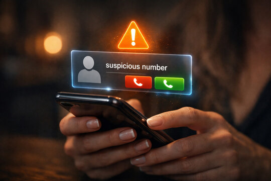 woman holds smartphone displaying holographic suspicious number alert with accept decline buttons, mobile security, scam detection, spam call warning, caller ID protection, cyber fraud, phishing atta
