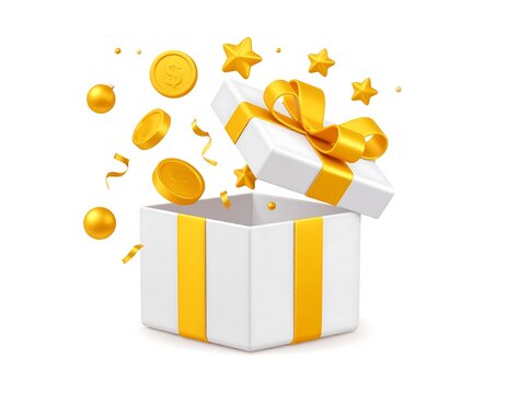 Gift box with golden coins and stars surprise concept on white background