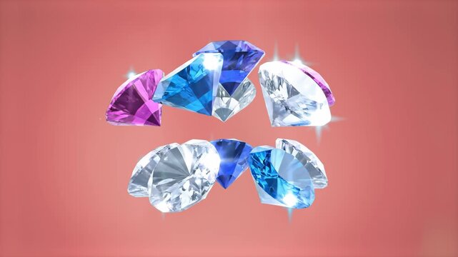 A luxurious 3D rendering of brilliant-cut diamonds, blue sapphires, and purple gems sparkling against a soft pink background. Perfect for luxury brand advertising, jewelry store promos, and glamorous 