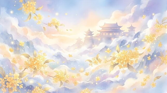 Traditional asian pagoda architecture rests amidst soft rolling clouds and glowing golden flower blossoms in this dreamlike watercolor painting