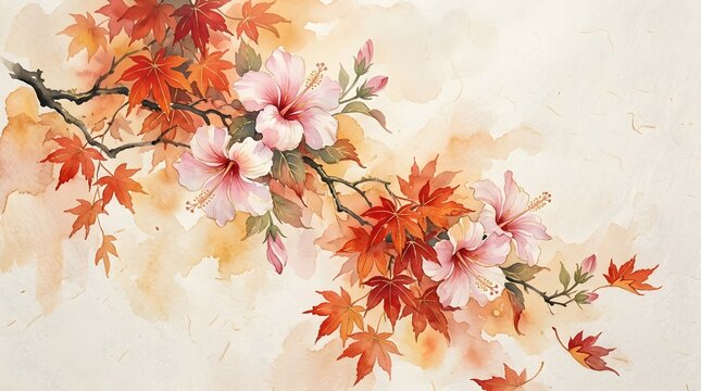 Delicate watercolor painting depicting a graceful flowering branch featuring vibrant autumn maple leaves alongside soft pink hibiscus blossoms set against a textured paper background