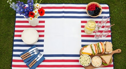 Obraz premium Patriotic picnic setting with red, white, and blue striped blanket, sandwiches, lemonade, and flowers on grass