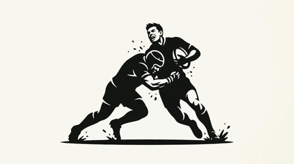 Fototapeta premium Two rugby players tackling each other on a beige background in black