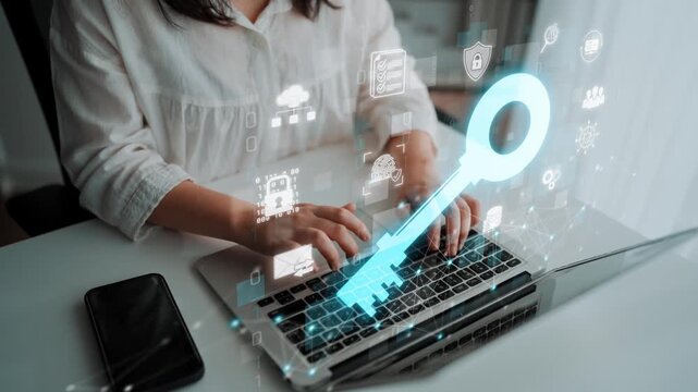Digital security concept representation with a glowing key graphic over a woman typing on a laptop with icons of technology and protection in a modern office Sigmoid