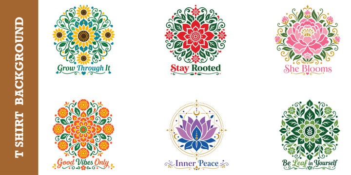 Inspirational quotes with floral mandalas for apparel design and motivational merchandise.