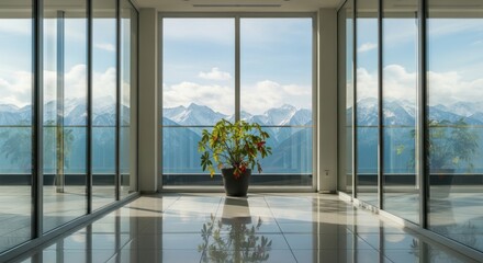 Fototapeta premium Modern office interior with plant and mountain view through large windows