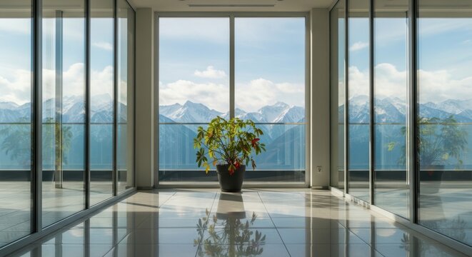 Modern office interior with plant and mountain view through large windows