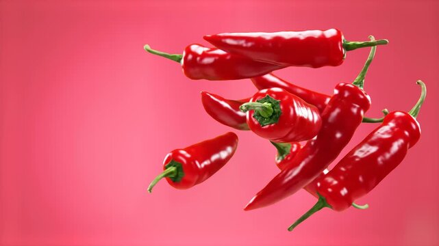 Colorful food concept featuring sharp red chili peppers floating elegantly over a bright, solid pink backdrop. This eye-catching, high-contrast visual element is great for contemporary cooking shows, 