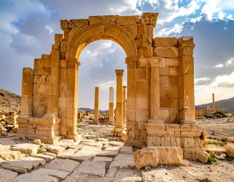 Ancient stone archway in desert ruins, sunny day