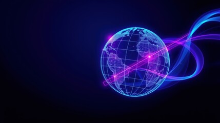 Obraz premium Glowing globe depicts digital connections. Bright lines suggest global network, data transfer, futuristic technology. Dark background enhances visual impact.