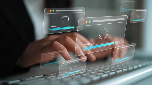 Digital Transformation Concept with Screens Showing Loading Indicators in a Business Environment While a Person Types on a Keyboard Gluon.