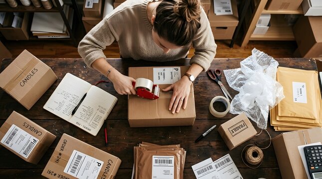 Woman packing cardboard boxes with shipping labels in a small business workshop setting