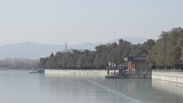 Beautiful Summer emperor Palace lake garden or Kunming Lake in Beijing China in winter day. Sunny day panorama view with chinese architecture pavilion building with lake.Kunming lake in Summer Palace