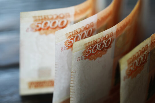 Banknotes with inscription "five thousand rubles". Russian money face value of five thousand rubles. Close-up of Russian rubles . The concept of Finance.Background and texture of money
